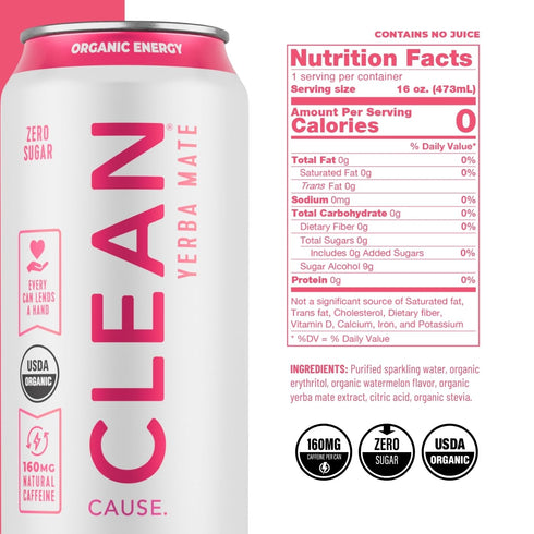 160mg (16oz 12-Pack CLEAN Cause Zero Sugar Watermelon Yerba Mate Tea Sparkling, USDA Organic Energy Drink Alternative