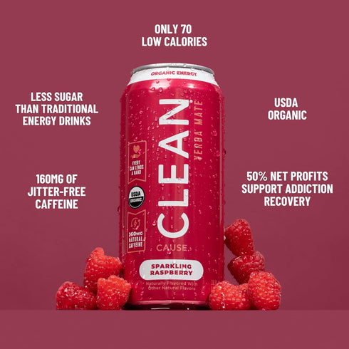 160mg (16oz 12-Pack CLEAN Cause Low Calorie Raspberry Yerba Mate Tea Sparkling, USDA Organic Energy Drink Alternative
