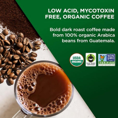 Brewers,24 VitaCup Perfect Low Acid Coffee Pods, USDA Organic & Fair Trade, Mycotoxin Free, Dark Roast Guatemala Single