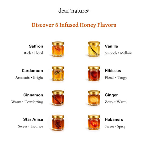 Dear Nature Set 8 Pack (1.5 oz Pack 8) Infused Honey Gift Flavor Infused Honey Variety Saffron, Cardamom, Cinnamon