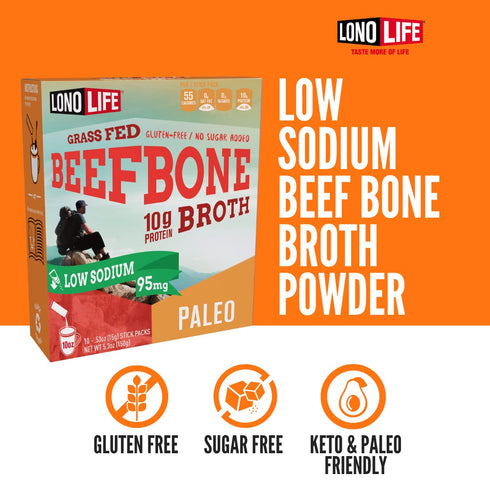 LonoLife Low Sodium Beef Bone Broth Powder Mix, Grass-Fed, 10g Protein, 10 Portable Stick Pack Servings