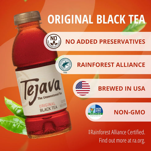 12 Pack, 16.9oz Tejava Original Unsweetened Black Iced Tea, PET Bottles, Non-GMO, Kosher, No Sugar or Sweeteners, No