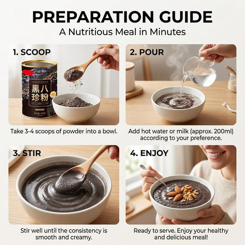500g Mulberry, Black Eight Treasures Porridge, Herbal Powder Blend with Black Sesame, Bean, Peanut, Fungus, Quinoa