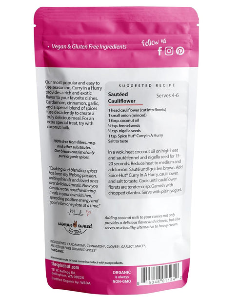 Organic Curry in a Hurry Seasoning Powder by Spice Hut - Salt-Free, Easy Masala Spice for Home Cooking, 2oz Pack