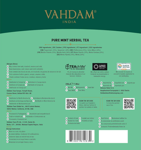 VAHDAM Pure Mint Herbal Tea, 100 Pyramid Tea Bags, Caffeine Free, Non GMO, Gluten Free, Sweet & Minty, Resealable