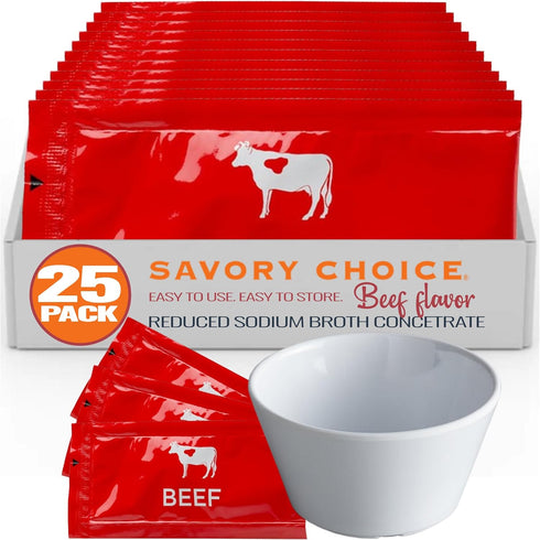 SAVORY CHOICE Reduced Sodium Beef Broth Concentrate bundle with Bouillon Cup, 25