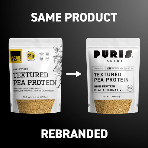 21g 1.5 PURIS Pantry Textured Pea Protein, Unflavored Meatless Vegetable Crumbles, Soy Free, Shelf-Stable, Gluten Free