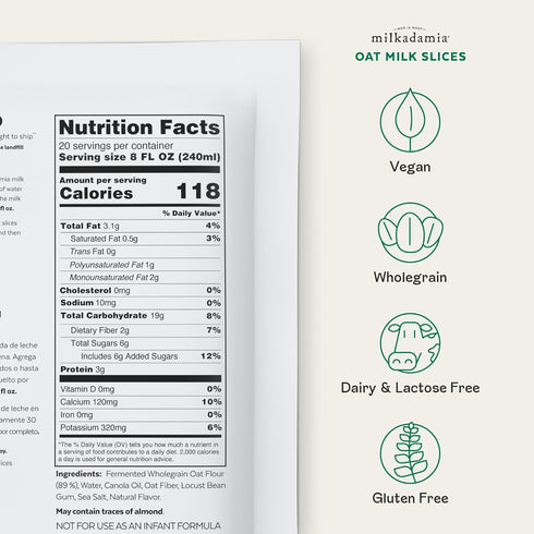 20 8 Oz Packaging milkadamia Oat Milk Slices, Slices (Makes Fl Per Slice), Shelf Stable Plant Based Milk, Just Blend