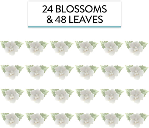 24 Count Global Sugar Art Blossoms and Leaves Edible Sugar Cake & Cupcake Flowers, White, Small Unwired, with Leaves by