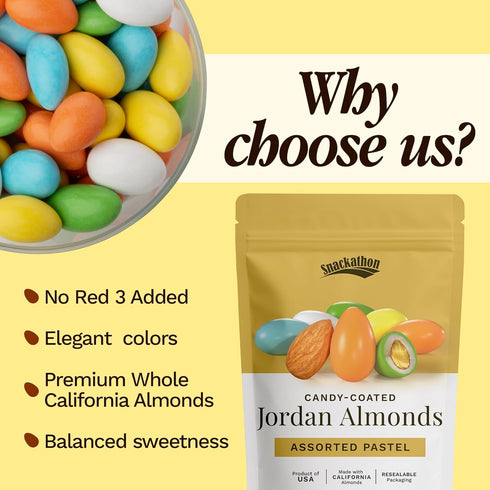 1 LB Snackathon Jordan Almonds, Assorted Pastel Candy-Coated Almonds, Resealable Bag, Made in USA, Bulk Italian