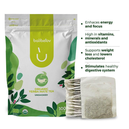 100 Count, BALIBETOV Organic Unsmoked Yerba Mate Tea Bags Traditional Cut, Clean Natural Energy, Gluten-Free & Vegan
