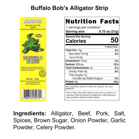 Buffalo Bob's (0.75oz, 24 pack) Wild Game Meat Snacks - Alligator Original Jerky Strip High-Protein Exotic Meat