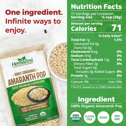 8 oz HerbaZest Organic Amaranth Pop Nutritious Ancient Grain Ready to Eat Superfood USDA Certified, Gluten-Free, Vegan