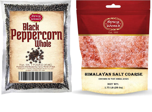 Spicy World Whole Black Peppercorns 16 Oz + Himalayan Pink Salt Coarse 1.75 LB