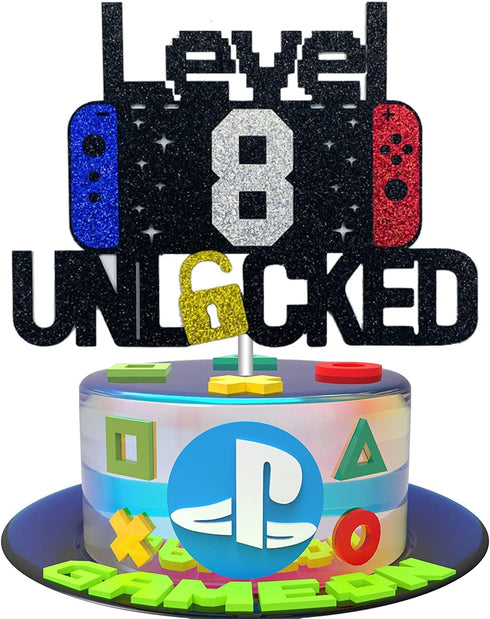Happy 8th Birthday Cake Topper, Level 8 Unlocked for Kids, Boys & Girls Birthday Party Decoration