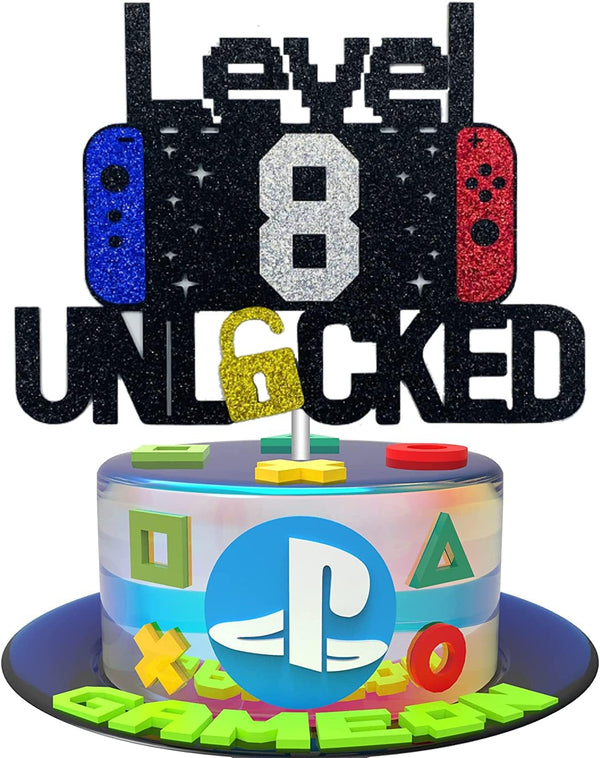 Happy 8th Birthday Cake Topper, Level 8 Unlocked for Kids, Boys & Girls Birthday Party Decoration
