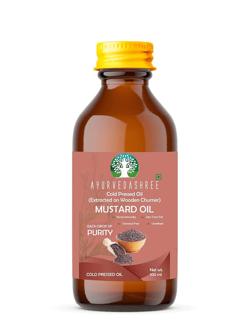 AYURVEDASHREE Mustard Oil 3.38 fl oz.. Cold Pressed Oil, Extracted on Wooden Churnerto