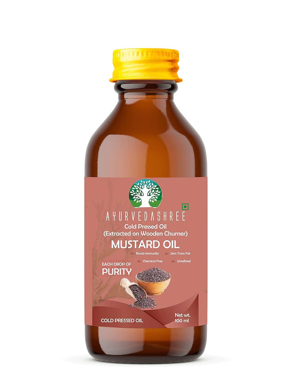 AYURVEDASHREE Mustard Oil 3.38 fl oz.. Cold Pressed Oil, Extracted on Wooden Churnerto