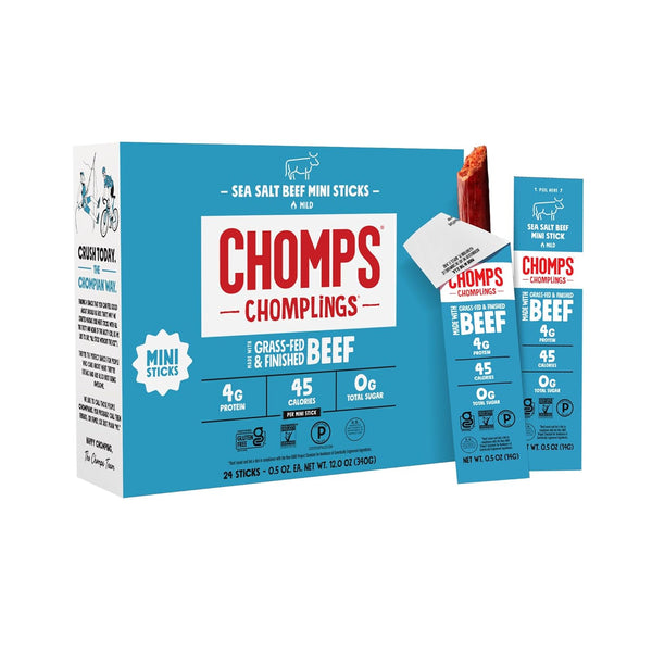 Chomps Snack Size Grass-Fed and Finished Sea Salt Beef Jerky Snack Sticks