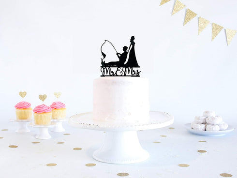 Fishing Wedding Cake Topper - Funny Bride and Groom Cake Decoration for Fishing Theme Wedding/Engagement