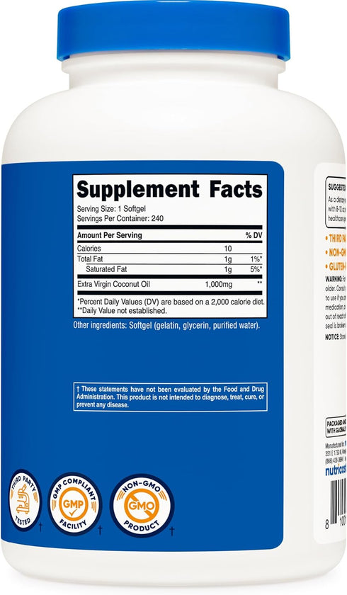 (1000mg) 240 Nutricost Coconut Oil Softgels Softgels - Extra Virgin Coconut Oil - Gluten Free and Non-GMO