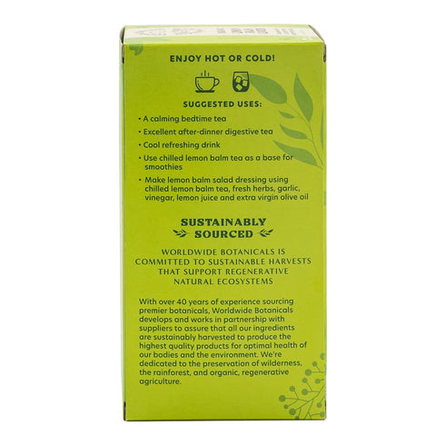 Worldwide Botanicals Organic Lemon Balm Tea - 25 Tea Bags with 50% More Herbs, 100% Pure Lemon Balm Leaves