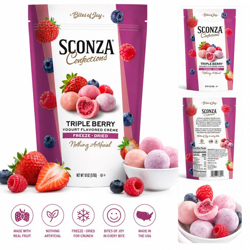 Sconza 18 oz Triple Berry Freeze-Dried Berries Covered in Yogurt Flavored Crme, Strawberry Blueberry Raspberry Candy