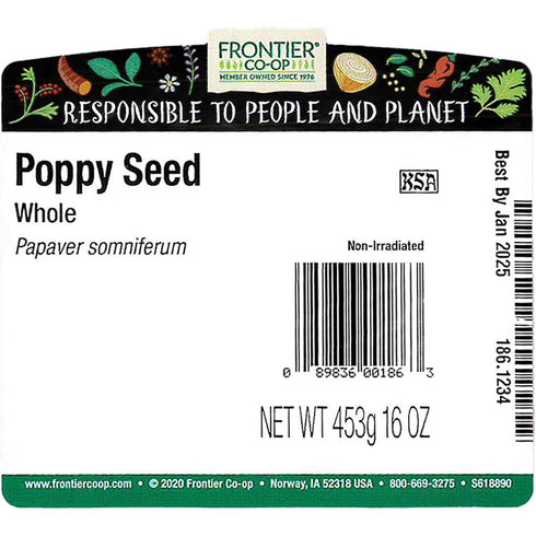 Frontier Co-Op Whole Black Poppy Seeds, 1lb Bulk Bag - Non-Irradiated, Certified Kosher for Baking & Cooking
