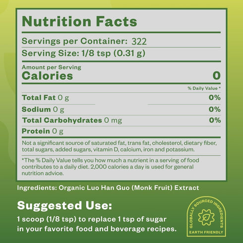 Organic Monk Fruit Sweetener, 125g (4.41oz), Pure USDA Organic Monk Fruit Extract Powder, Zero Calorie & Zero Carbs