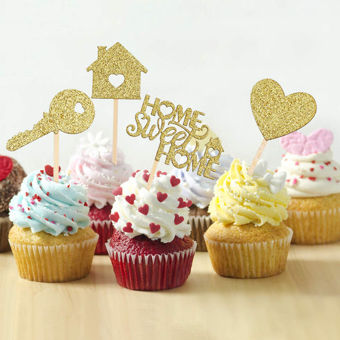 Zonon 55 Piece Home Sweet Home Cupcake Topper, Gold Glitter, New House Welcome Party