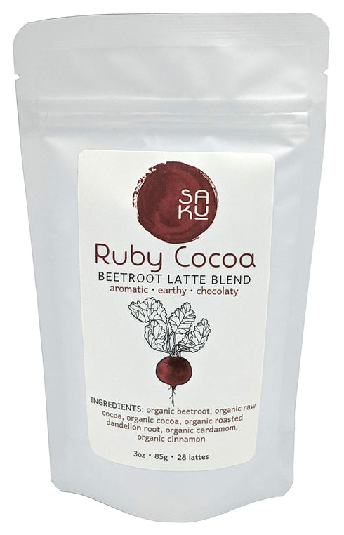 SAKU Tea, Ruby Cocoa Beetroot Latte Blend, Super Food Latte, 3oz Bag