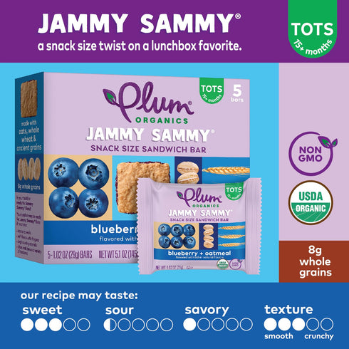 Plum Organics Jammy Sammy Snack Bars, Blueberry and Oatmeal, 1.02 oz Bars (Pack of 30)