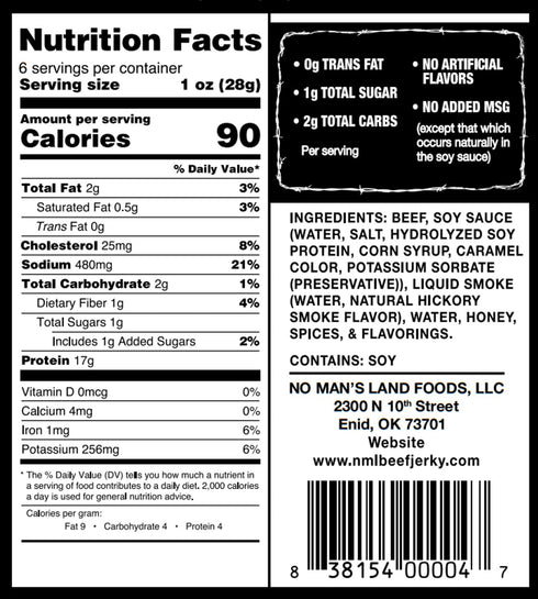 17G 6oz No Mans Land High Protein Beef Jerky | Protein, Low Carb, Low Calorie Beef Snack | Slow-Dried, Smoked