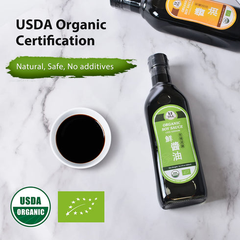 52USA 16.2oz(480ml), Organic Soy Sauce Low Sodium, USDA Organic, Naturally Brewed Dark Soy Sauce, Pure Ingredients