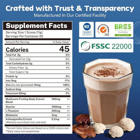6-Mushroom Immune 7.76 OZ Mushroom Cocoa Sleep Supplement with & Adaptogens, Keto Superfood Hot Chocolate with Reishi