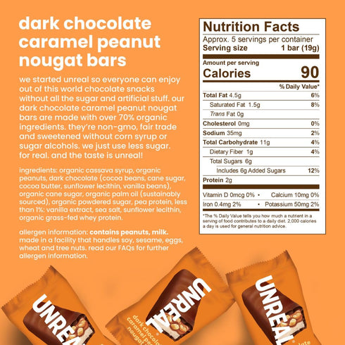 (1 70% 3.4oz UNREAL Dark Chocolate Caramel Peanut Nougat Bars Bag), Organic Ingredients, Fair Trade, Non-GMO, No Corn