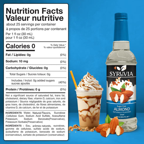 25.4 oz Syruvia Sugar Free Coffee Syrup, Almond Flavored Syrup for Drinks, Lattes, and Desserts fl