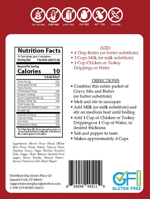 2.0 oz Mom's Place Gluten-Free Chicken or Turkey Gravy Mix, Soy, Dairy, Nut & Corn Free, Vegan
