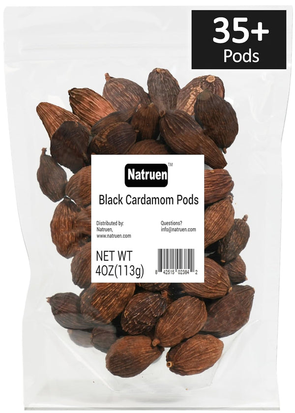 Whole Black Cardamom Pods (Tsao Ko) 4 Ounces, Approx 35 Pods, Natruen, All Natural, Non-GMO Spice