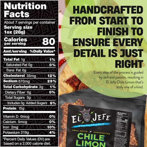 7oz El Jefe Beef Jerky Chile Limon - Authentic Mexican Style Hispanic Slab Jerky Hand-Crafted in Small Batches for Bold