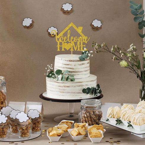 Gold Glitter Welcome Home Cake Topper - Home Party Decoration - Welcome Sign for New Home/New Baby/Retirement