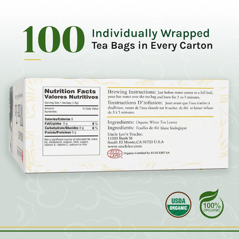 100 Count (Pack 4) Uncle Lee's Tea Organic White Tea - Premium Tea for Everyday Wellness, Low Caffeine