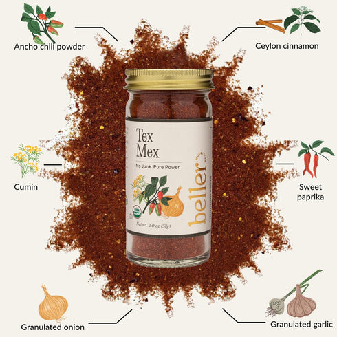 Beller Nutrition Tex Mex Organic Ancho Chili Powder Spice Blend, 2 oz, Mexican Seasoning with Ground Ancho Powder