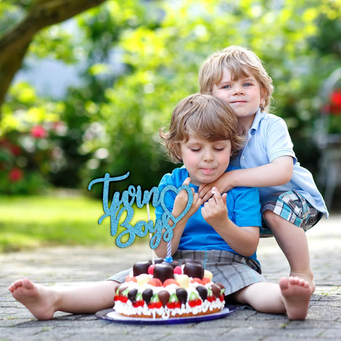 Baby Shower Cake Decor for Boy, Twin Boys Cake Topper, Blue Glitter, Oh Babies/Gender Reveal/Babies 1st Birthday Party