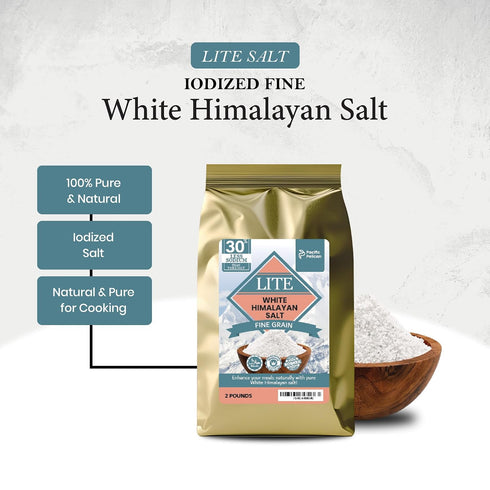 30% 100% (2 LBs) Pacific Pelican Iodized Lite White Himalayan Salt | Less Sodium | Fine Grain, Unrefined, Pure Rock