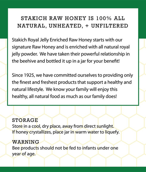 40 Stakich Royal Jelly Enriched Raw Honey - Pure, Unprocessed, Unheated - Ounce