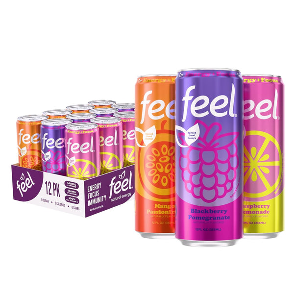 FEEL Variety Pack Zero Sugar Natural Energy Drink Mixed Fruit Flavors, 140mg