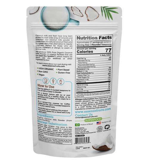 27 8 Oz Essenzefruits Pure Organic Coconut Milk Powder - Premium Maltodextrin Free, No Sugar Added, Dairy Free, USDA