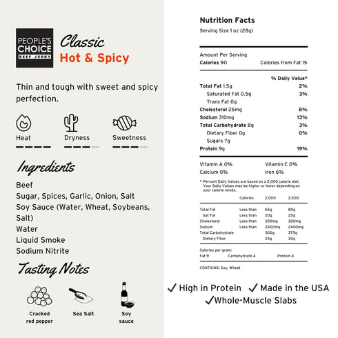 9g 19.2 oz, 15 People's Choice Beef Jerky Big Slab - Whole Muscle, Thin-Sliced, Protein - Hot & Spicy, Ct