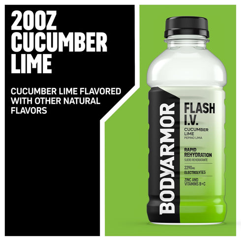 20 Oz (Pack 12) BODYARMOR Flash I.V. Electrolyte Beverage, Cucumber Lime, Hydration Drink with Coconut Water For Rapid